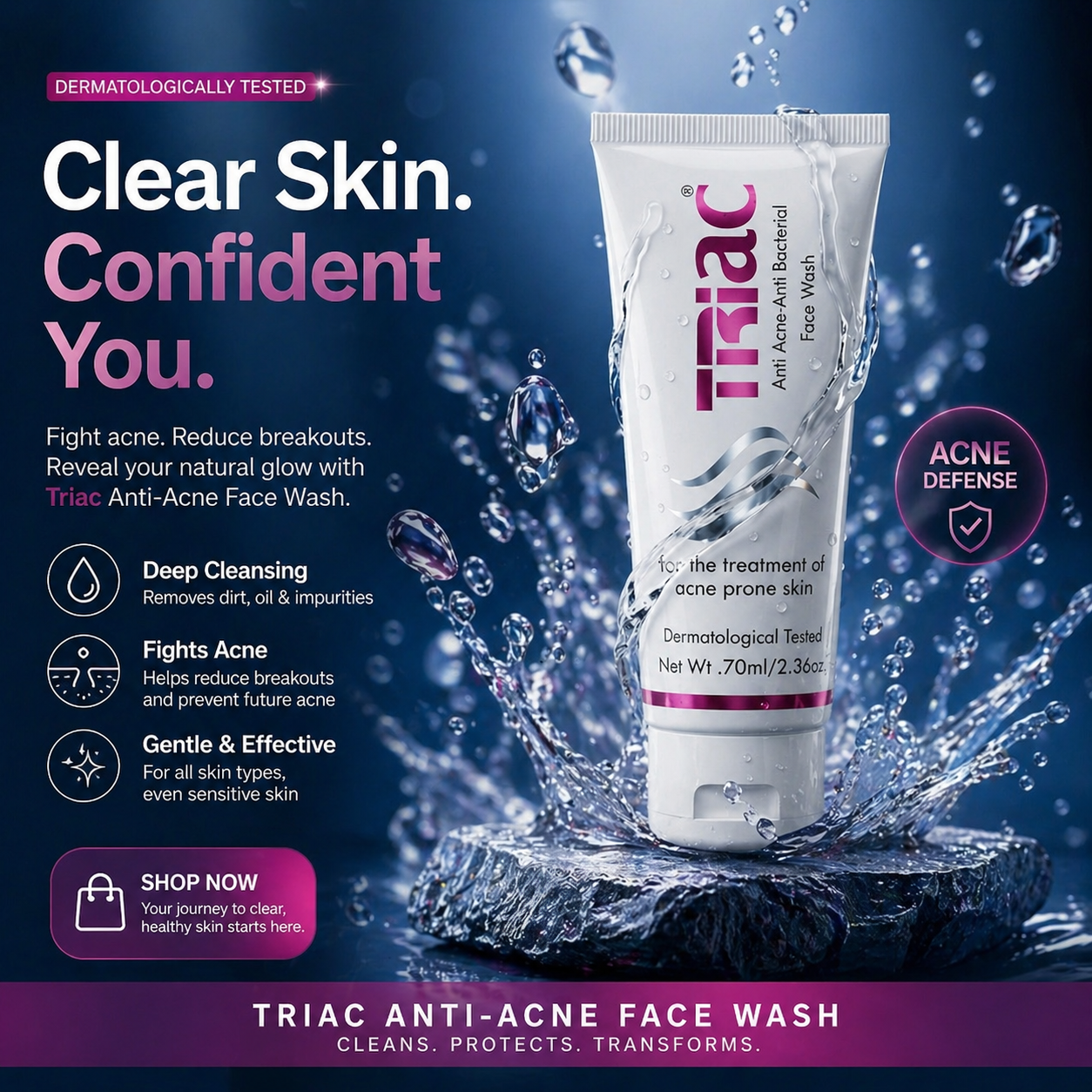Triac Anti Acne Anti Bacterial Face Wash 70ml for Acne-Prone Skin