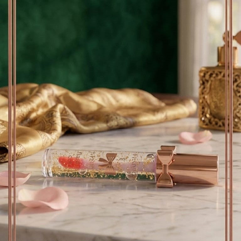 Luxury Pink Glossy Lip Oil With Gold Flakes High Shine