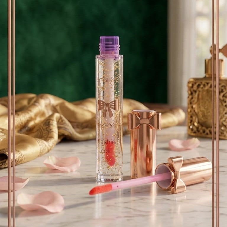 Luxury Pink Glossy Lip Oil With Gold Flakes High Shine
