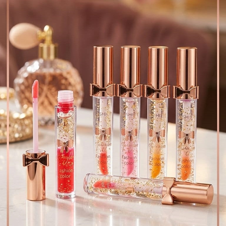 Luxury Pink Glossy Lip Oil With Gold Flakes High Shine