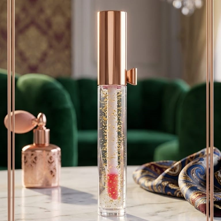 Luxury Pink Glossy Lip Oil With Gold Flakes High Shine