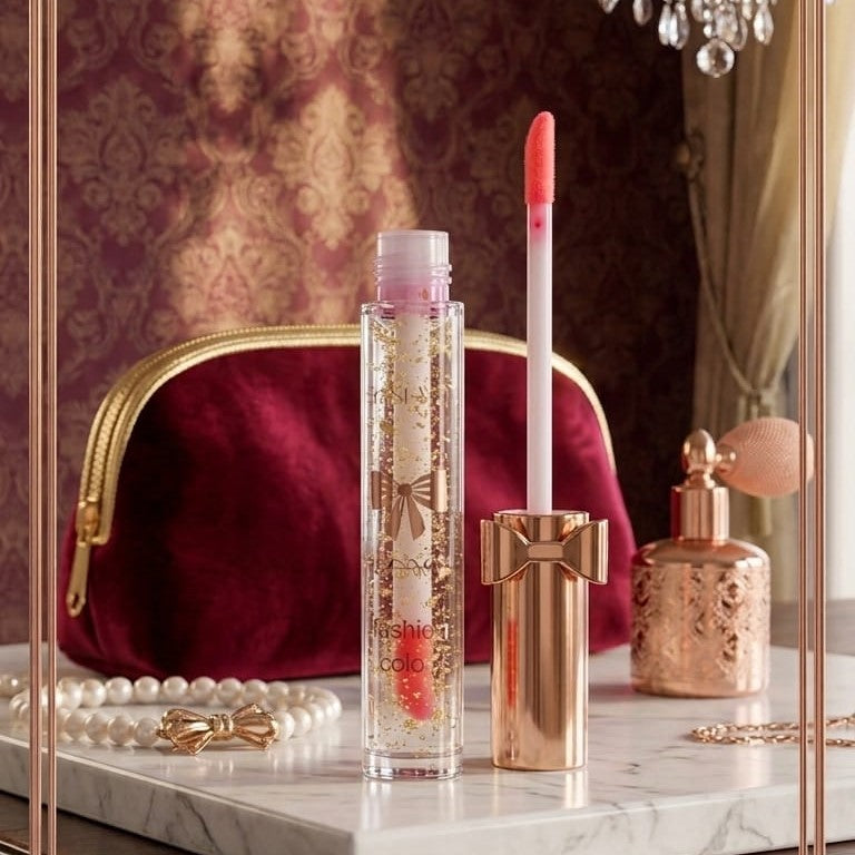 Luxury Pink Glossy Lip Oil With Gold Flakes High Shine