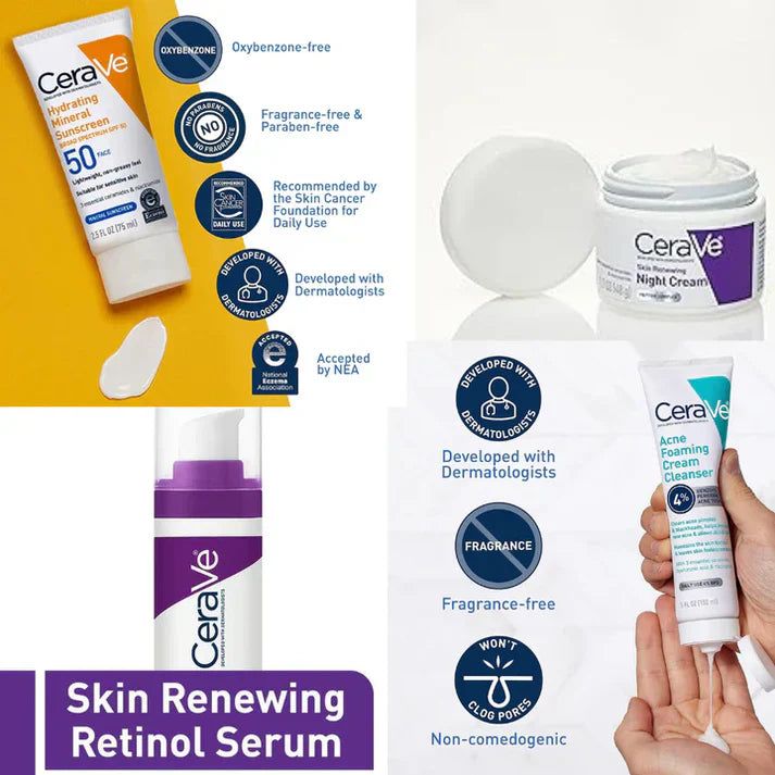 CeraVe 4 in 1 Skincare Kit Night Cream, Sunblock, Cleanser & Serum for Radiant Skin